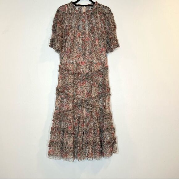 Mac Duggal 8010 Size 2 Beige Floral Flutter Sleeve Ruffle Mesh Print Midi Dress - Picture 6 of 8